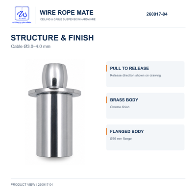 Brass Pull-to-Release Cable Gripper for 3.0-4.0 mm Wire Rope with Chrome Finish