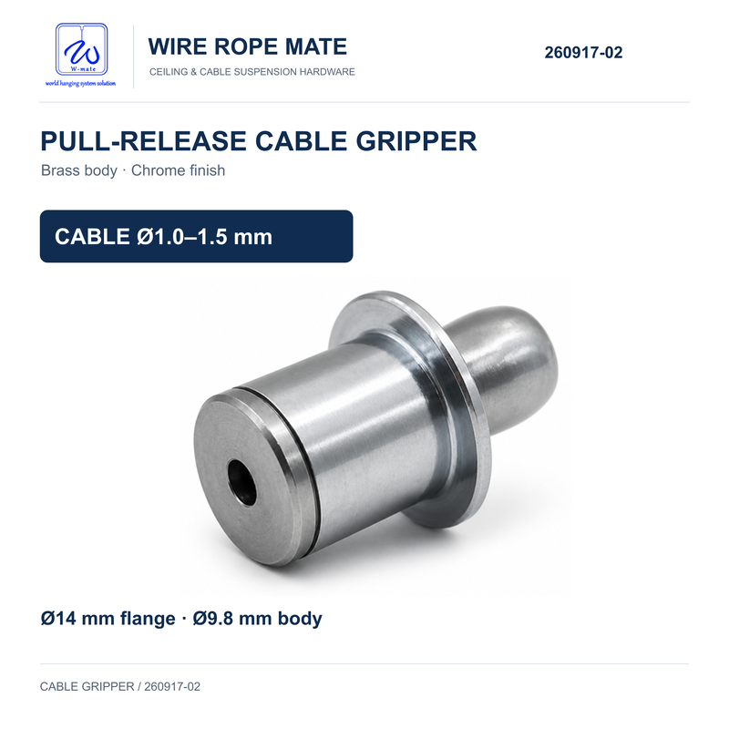 Brass Pull-to-Release Cable Gripper for 1.0-1.5 mm Wire Rope with Chrome Finish